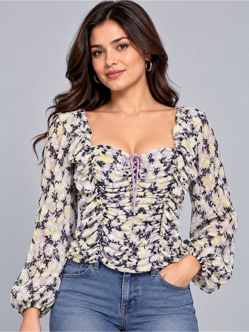 Free People Floral Ruched Open-Back Blouse – Size M